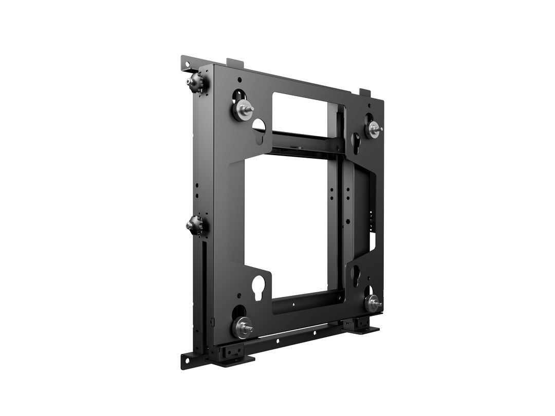 Zwarte en stevige wandbeugel voor videowanden, met verstelbare mechanismen en een metalen frame.