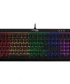 HyperX Alloy Core RGB-toetsenbord met Noordse indeling Zwart gamingtoetsenbord met RGB-verlichting en een Noordse toetsenbordindeling met witte controlelampjes.