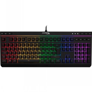 HyperX Alloy Core RGB-toetsenbord met Noordse indeling Zwart gamingtoetsenbord met RGB-verlichting en een Noordse toetsenbordindeling met witte controlelampjes.