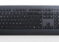 Zwart, draadloos Lenovo-toetsenbord met Scandinavische indeling van voren afgebeeld.