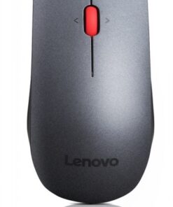 Donkergrijze draadloze Lenovo-muis met een rode scrollknop. Gefotografeerd van bovenaf.