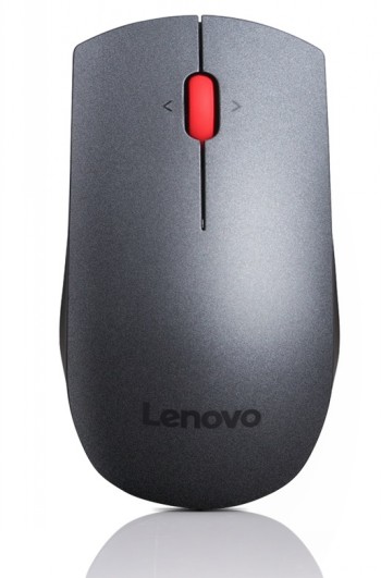Donkergrijze draadloze Lenovo-muis met een rode scrollknop. Gefotografeerd van bovenaf.