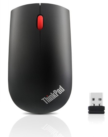 Lenovo ThinkPad draadloze muis in zwart, compact en ergonomisch ontwerp. Lenovo ThinkPad draadloze zwarte muis, rode scrollwiel, kleine USB-ontvanger inbegrepen.
