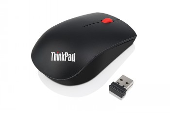 Lenovo ThinkPad draadloze muis in het zwart, minimalistisch design. Zwarte Lenovo ThinkPad draadloze muis, rode scrollknop en USB-ontvanger op tafel.
