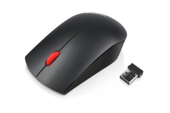 Lenovo Essential Wireless Mouse - stijlvolle zwarte muis Draadloze zwarte Lenovo-muis, rode rolknop en USB-ontvanger, zijaanzicht.