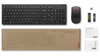 Lenovo Essential Wireless Keyboard & Mouse G2 Nordic - toetsenbord en muis Draadloos zwart Lenovo-toetsenbord en -muis, verpakkingsinhoud plat weergegeven, inclusief batterijen en USB-ontvanger.
