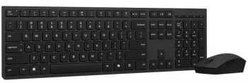 Lenovo Professional Draadloos Oplaadbaar Toetsenbord & Muis, een stijlvolle combinatie Een zwarte draadloze Lenovo-toetsenbord en muis op een bureauoppervlak, zijaanzicht.