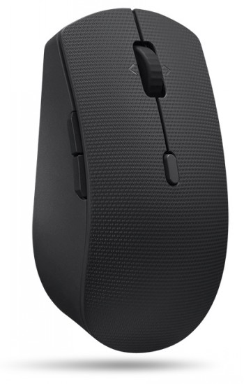Lenovo Professional draadloze muis, zwart design Zwarte draadloze muis, minimalistisch design en matte afwerking. Gefotografeerd vanuit een zij- en bovenhoek.