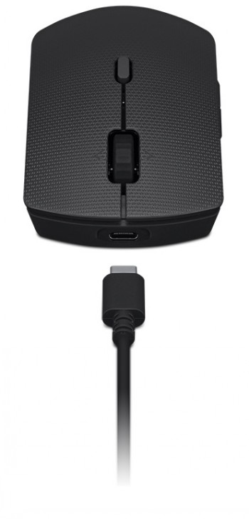 Lenovo Professional draadloze muis met USB-C-oplading Draadloze zwarte muis met USB-C-oplaadkabel, minimalistisch ontwerp en ergonomische knoppen.