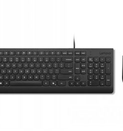 Zwart bedraad Lenovo-toetsenbord en -muis, eenvoudig en laagprofielontwerp, horizontaal op witte achtergrond...