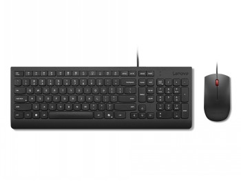 Zwart bedraad Lenovo-toetsenbord en -muis, eenvoudig en laagprofielontwerp, horizontaal op witte achtergrond...