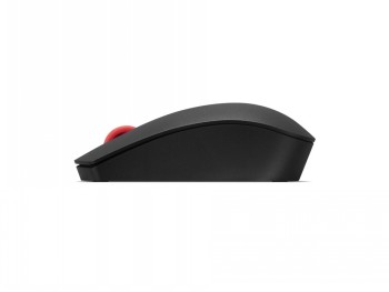 Lenovo Essential Wireless G2 muis, minimalistisch design. Een compacte zwarte draadloze muis gefotografeerd vanuit zijprofiel, met opvallend rood scrollwiel.