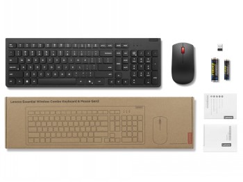 Lenovo Essential Wireless Keyboard & Mouse G2 - hoogwaardig toetsenbord... Draadloos zwart toetsenbord en muis met accessoires zoals batterijen, USB-ontvanger en handleiding.
