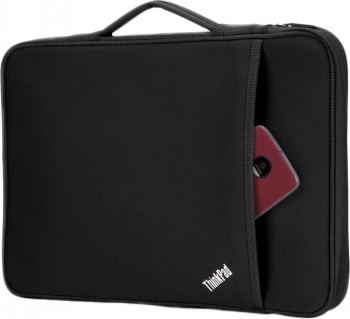 Lenovo ThinkPad beschermhoes 13 inch, zwart Zwarte Lenovo ThinkPad beschermhoes met een ritsvak en een rode telefoon die gedeeltelijk uit de zak steekt.