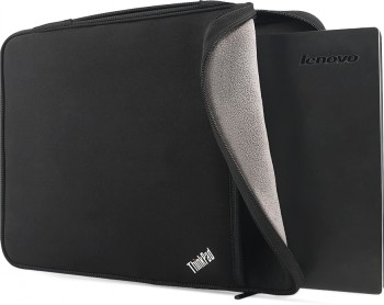 Zwarte Lenovo ThinkPad 14-inch beschermhoes, open rits en zichtbaar grijze binnenvoering.