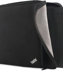 Zwarte Lenovo ThinkPad beschermhoes, zachte grijze binnenvoering en open ritssluiting.