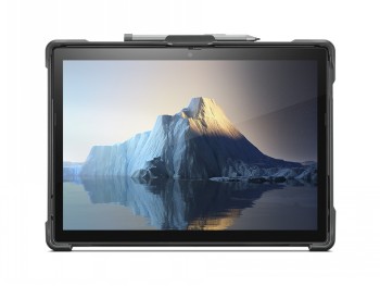 Zwart Lenovo ThinkPad X12 beschermhoes met tablet en bergachtige achtergrond op het scherm.