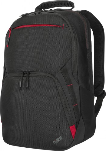 Lenovo ThinkPad Essential Plus rugzak voor 15.6-inch laptops Zwarte Lenovo-rugzak met rode ritsen, van voren en licht schuin gefotografeerd.