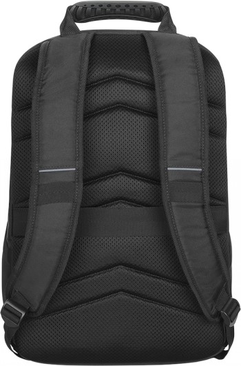 Lenovo Essential Plus rugzak 15.6", ecologisch ontwerp Achterkant van de zwarte Lenovo Essential Plus 15.6-inch rugzak, gewatteerde schouderriemen en ademend rugpaneel.