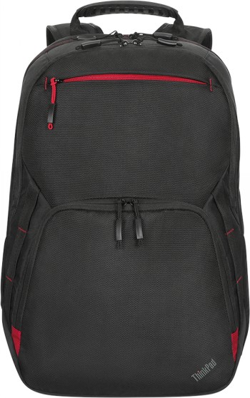 Lenovo TP Essential Plus Rugzak 15,6 inch, zwart-rood rugzak Zwarte Lenovo rugzak met rode accenten, ergonomische schouderbanden en meerdere ritsvakken, zijaanzicht.