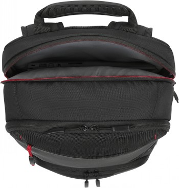 Lenovo Essential Plus-rugzak 15,6'', zwart met rode accenten Zwarte Lenovo-rugzak, geopend aan de bovenkant, zichtbare ritsen en interieur, rode accenten.