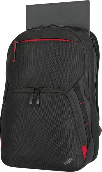 Lenovo ThinkPad Essential Plus rugzak 15,6 inch, zwart en rood Zwarte Lenovo-rugzak met rode details en een open vak waaruit de hoek van een laptop zichtbaar is.