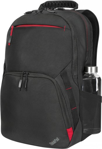 Lenovo ThinkPad Essential Plus rugzak voor 15,6-inch laptops Zwart-grijze Lenovo Essential Plus rugzak, voor 15,6-inch laptops, met rode details en een waterfles aan de zijkant.