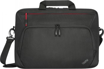 Lenovo ThinkPad Essential Plus Topload 15,6" werktas zwart. Zwarte laptoptas met rode ritsen, Lenovo ThinkPad-logo in de hoek onderaan.
