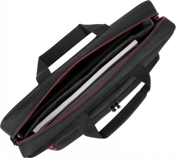 Lenovo Essential Plus Topload 15.6'' - laptoptas, zwart Lenovo-laptoptas geopend, zwarte kleur, rode accenten en ruime binnenkant.