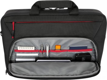 Lenovo TP Essential Plus Topload 15.6 inch tas met rode accenten Zwarte laptoptas met meerdere vakken en compartimenten, georganiseerd voor pennen, opladers en kaarten, rode en grijze details...