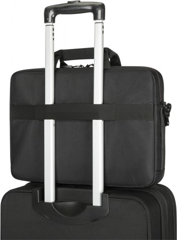 Lenovo TP Essential Plus Topload (Eco) 15.6" tas op een reiskoffer Zwarte Lenovo-laptoptas bevestigd aan het handvat van een reiskoffer.