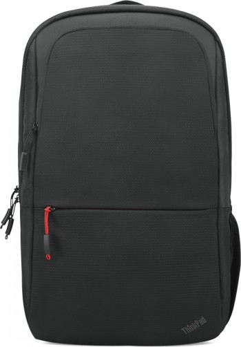 Lenovo ThinkPad Essential 16” ecologische rugzak voor dagelijks gebruik en werk. Zwarte 16-inch Lenovo-rugzak met rode ritssluitingdetails en ThinkPad-logo in de hoek rechtsonder.