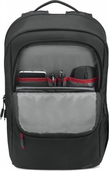 Lenovo TP Essential Backpack 16” - praktische zwarte rugzak Zwarte Lenovo-rugzak, geopende voorzak, met laptopaccessoires en vakken binnenin.