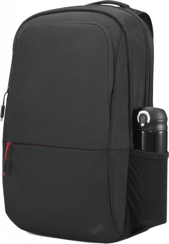 Lenovo TP Essential Rugzak (ECO) 16" - stijlvolle rugzak voor dagelijks gebruik. Zwarte Lenovo Essential rugzak met rode rits en zijvak met drinkfles, 16-inch model.