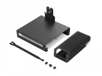 Lenovo ThinkCentre Tiny Mounting Kit -montageset, zwarte onderdelen, schroeven, gereedschap en een extra koelmodule.
