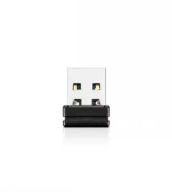 Lenovo 2.4G draadloze USB-ontvanger, van voren gefotografeerd Kleine zwarte en zilverkleurige Lenovo USB-ontvanger, van voren gefotografeerd op een witte achtergrond.