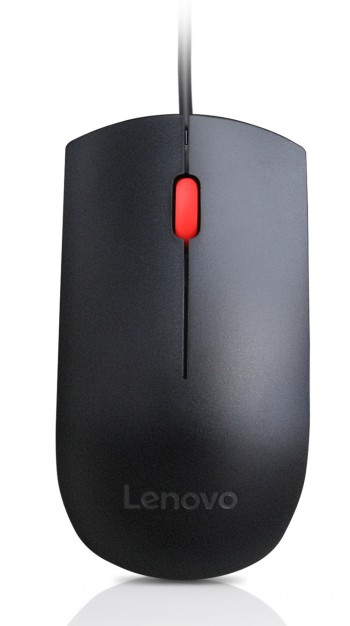 Een zwarte Lenovo USB-bedrade muis met een rode scrollknop, afgebeeld vanaf een bovenhoek.