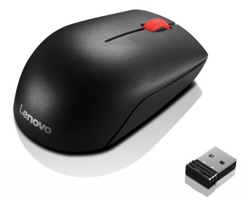Zwarte draadloze Lenovo-muis, compact formaat, rood scrolwiel, met USB-ontvanger.