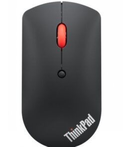 Lenovo Silent Mouse - draadloze Bluetooth-muis met zwart en rood design Een zwarte, minimalistische draadloze Lenovo-muis met een rode scrollwiel van bovenaf gefotografeerd.