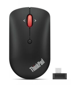Lenovo ThinkPad USB-C draadloze muis, compact en stijlvol ontwerp. Zwarte Lenovo ThinkPad-muis, rode scrollknop, inclusief USB-C-ontvanger.