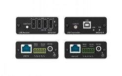 KRAMER EXT3-U-KIT Cat5-extender met USB-poorten Twee zwarte apparaten met USB-poorten en netwerkaansluitingen. Voor- en achteraanzichten op een witte achtergrond.