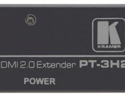 Zwarte rechthoekige Kramer PT-3H2 HDMI 2.0 Extender met input- en output-aansluitingsteksten.