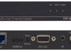 Zwarte HDMI-lijnzender met voor- en achteraansluitingen zoals HDMI, RJ45 en RS-232.