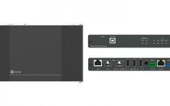 HDMI-extender met een donkergrijze behuizing, aansluitpoorten en LED-indicatoren aan de voor- en achterzijde.