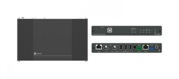 HDMI-extender met een donkergrijze behuizing, aansluitpoorten en LED-indicatoren aan de voor- en achterzijde.