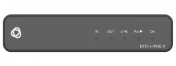Voorpaneel van de zwarte rechthoekige KRAMER EXT3-H-POE-R switch met meerdere controlelampjes en aansluitingen.