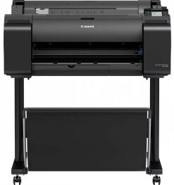 Canon ImagePROGRAF GP-200 24” printer met zwarte afwerking op een standaard, recht van voren gefotografeerd.