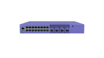 Extreme Networks 5320-switch, 16 poorten en PoE+ ondersteuning Paarse Extreme Networks-switch met 16 Ethernet-poorten, 4 SFP-poorten en een vaste AC-voeding, frontaal afgebeeld.