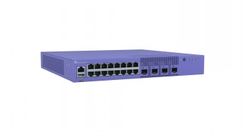 Extreme Networks 5320-switch, 16 poorten en SFP-connectiviteit Paarse Extreme Networks 5320-switch vooraanzicht, 16 Ethernet-poorten en 4 SFP-slots.