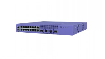 Extreme Networks 5320-switch 16-poorten, paarse behuizing Paarse Extreme Networks 5320-switch met 16 RJ45-poorten en 4 SFP-poorten, afgebeeld schuin vanaf de zijkant.